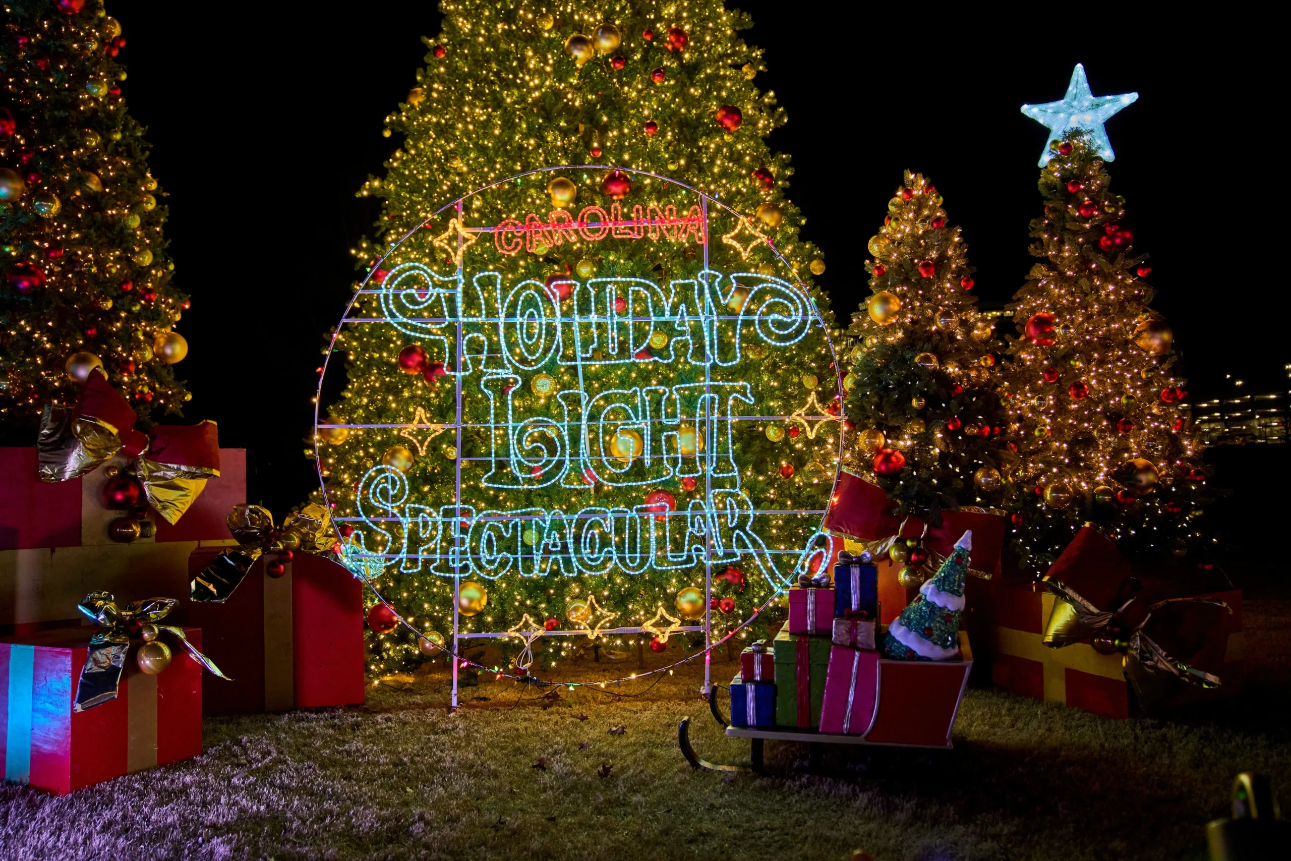 Glowing Christmas light displays along the half-mile walking trail at the Maryland State Fairgrounds in Timonium