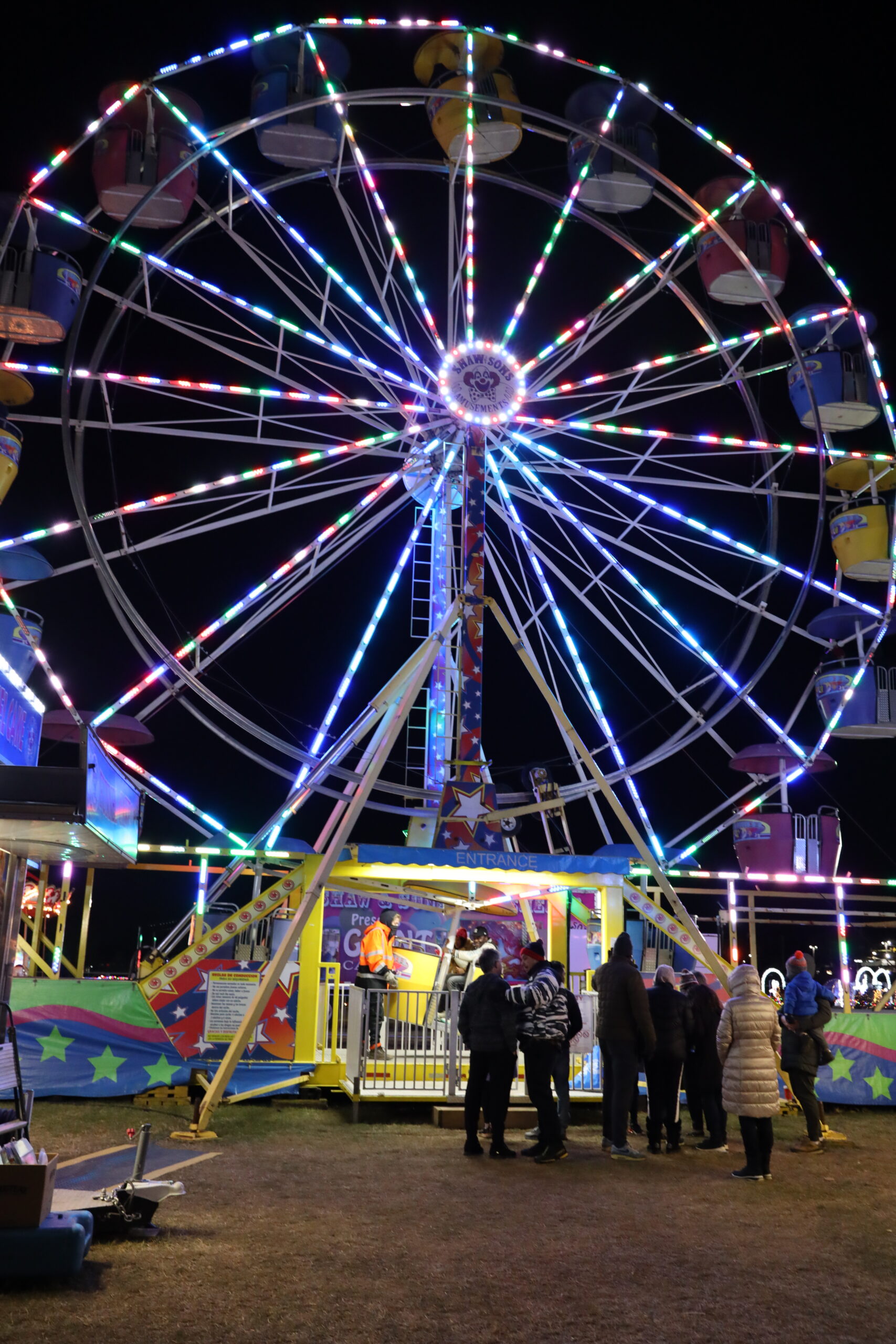 The lit Ferris wheel at the winter carnival on the Maryland Holiday Light Spectacular trail