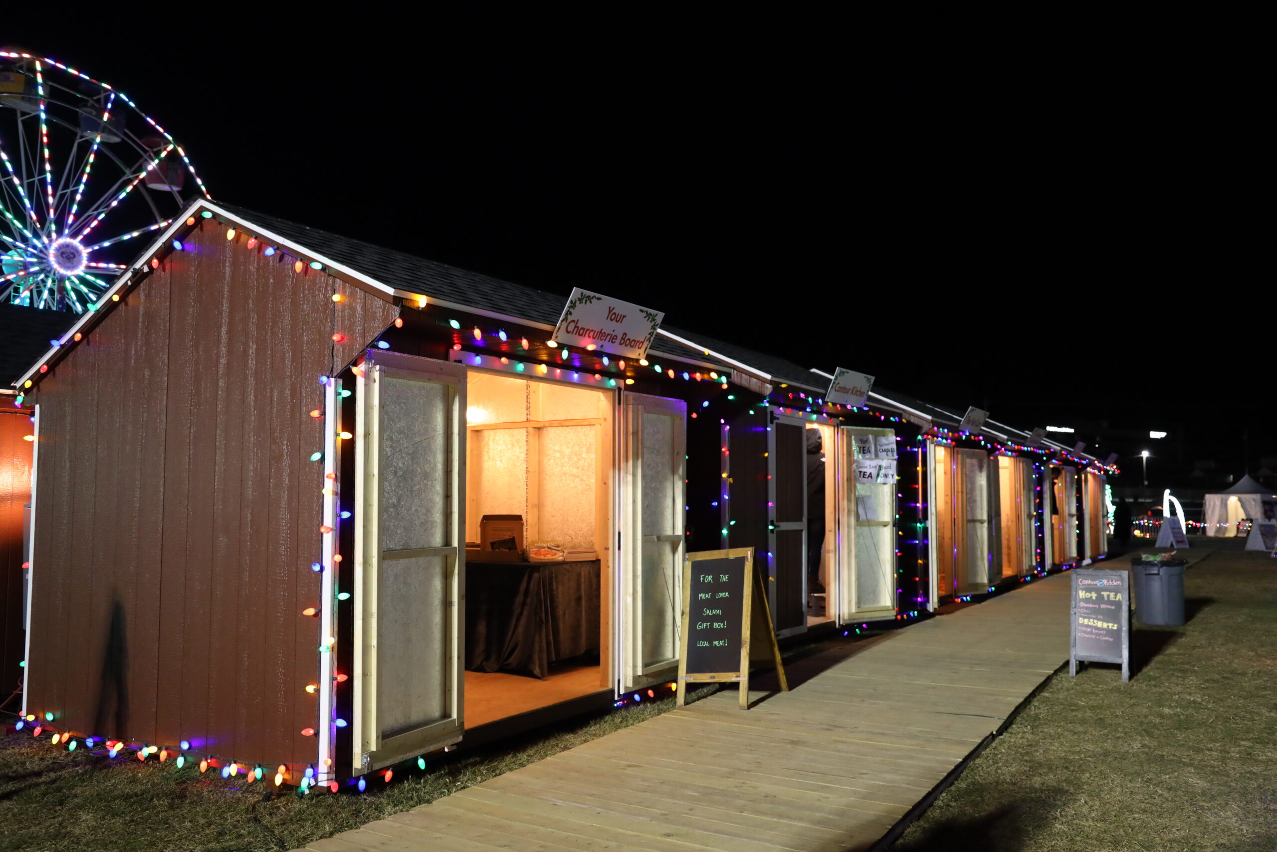 The Swiss Holiday Village shops and food trucks lit up at the Timonium light show