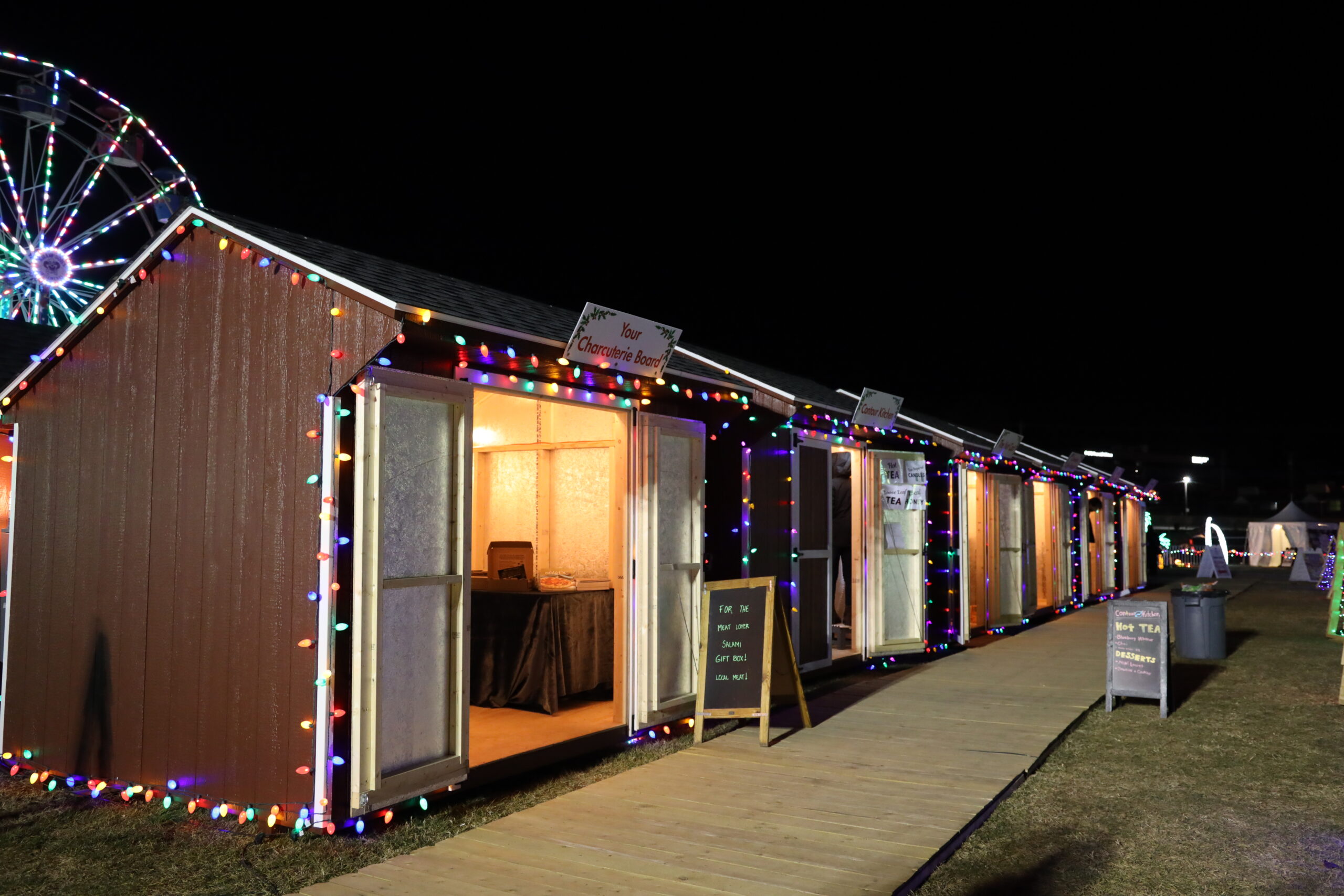 The lit shops of the Swiss Holiday Village at the Timonium holiday light show